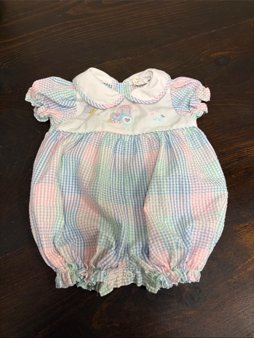 Vintage Pastel Gingham Baby Bubble Romper with Embroidered Train 3-6 months